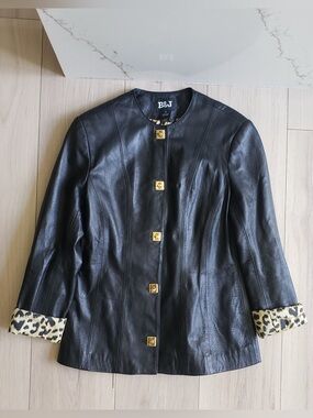 B&J Black Leather Jacket with Leopard Cuff Detail